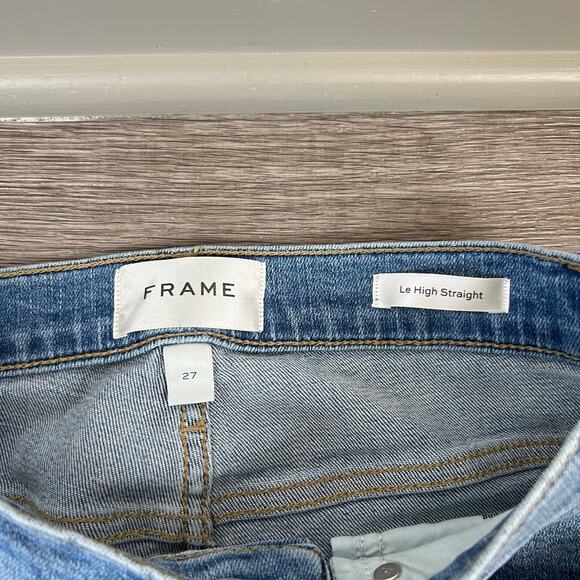 FRAME Le High Straight Light Wash Corkscrew Hem Denim Jeans in Color Whimsy (27) - Picture 6 of 9